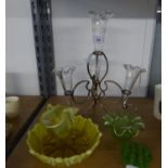 A VICTORIAN VASELINE GLASS VASE AND BOWL, AN EPERGNE TABLE CENTRE PIECE AND COLOURED GLASS  VARIOUS