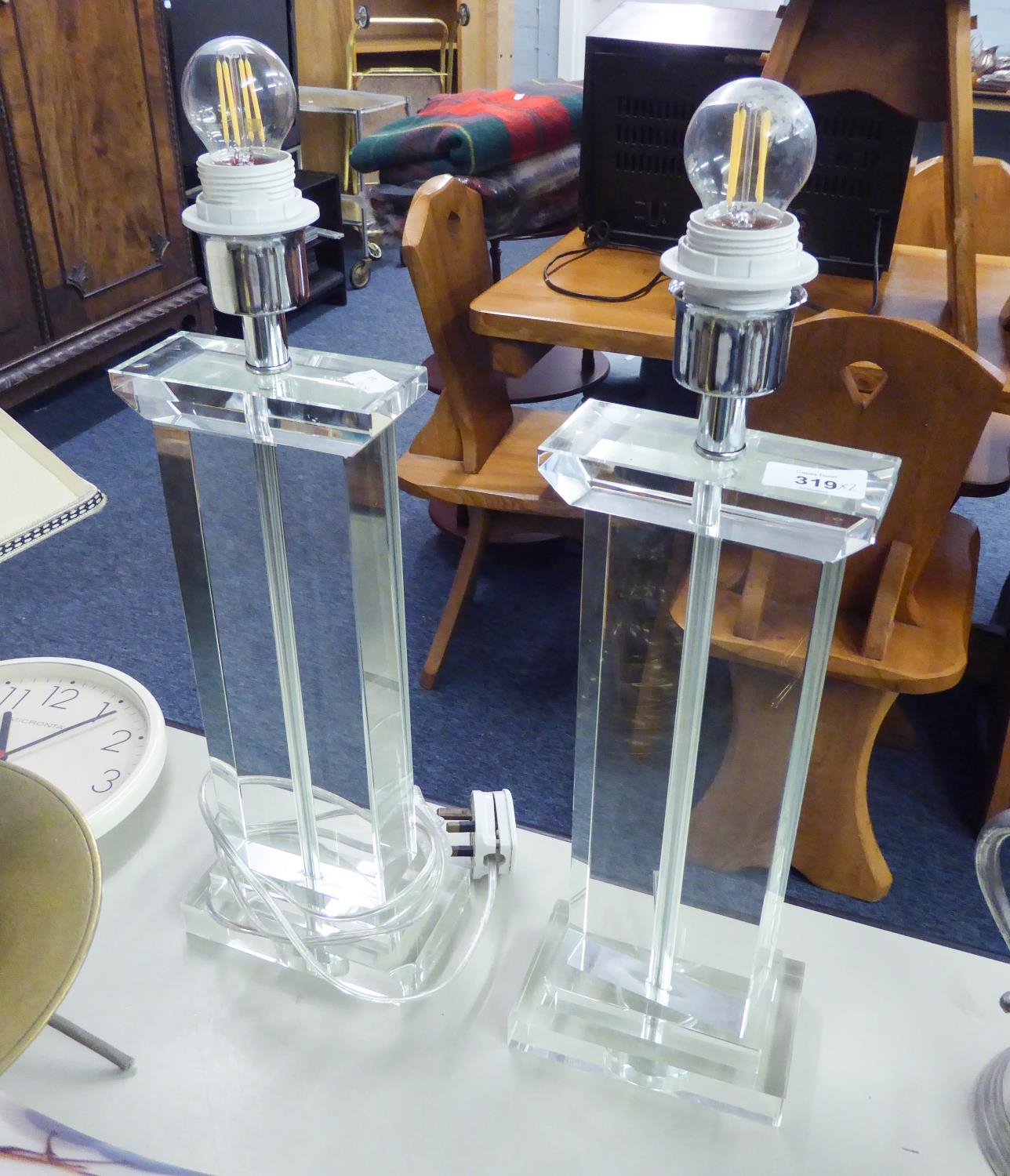 A PAIR OF RECTANGULAR PERSPEX TABLE LAMPS AND BOX SHADES