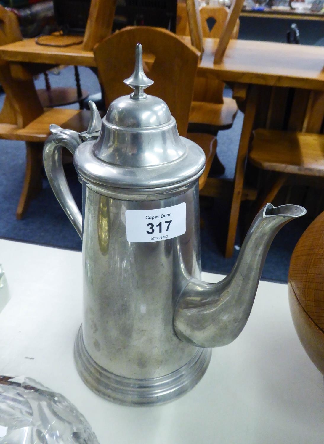TUDRIC, ENGLAND, PEWTER COFFEE POT WITH HINGED DOMED LID