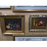 L. LEVI, TWENTIETH CENTURY OIL PAINTING ON BOARD  STILL LIFE WITH CHAMBER STICK, FRUITS, GLASS OF