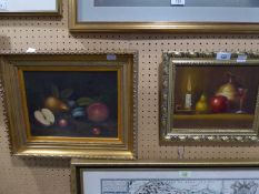 L. LEVI, TWENTIETH CENTURY OIL PAINTING ON BOARD  STILL LIFE WITH CHAMBER STICK, FRUITS, GLASS OF