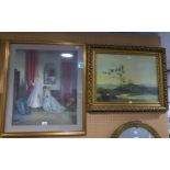 VERNON WARD FRAMED COLOUR PRINT AND ANOTHER, INTERIOR WITH DRESS FITTING (2)