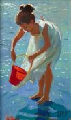 SHEREE VALENTINE DAINES (b.1959) OIL ON BOARD ?The Red Bucket? Initialled, titled to gallery label