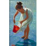 SHEREE VALENTINE DAINES (b.1959) OIL ON BOARD ?The Red Bucket? Initialled, titled to gallery label