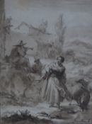 UNATTRIBUTED (NINETEENTH CENTURY) MONOCHROME PEN AND WASH Continental rural scene with figures and