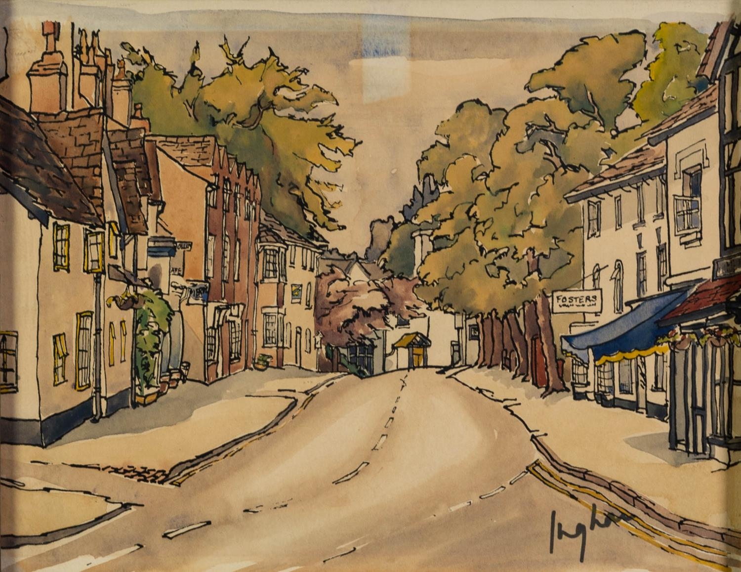 MARGO INGHAM (1918-1978) PEN AND WATERCOLOUR DRAWING Prestbury High Street Signed 7 ½? x 9 ½? (