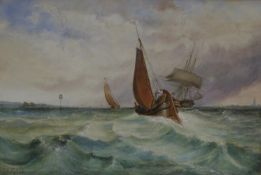 C.H. REVILL (TWENTIETH CENTURY) WATERCOLOUR DRAWING Fishing smacks and clipper on rough water Signed