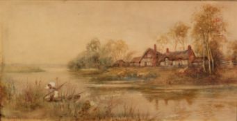 H. STAPLETON HILL (early 20th Century) WATERCOLOUR River landscape with thatched cottages Signed