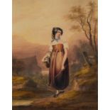 CONTINENTAL SCHOOL (19th Century) WATERCOLOUR DRAWING Female figure standing in a landscape, her