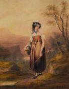 CONTINENTAL SCHOOL (19th Century) WATERCOLOUR DRAWING Female figure standing in a landscape, her