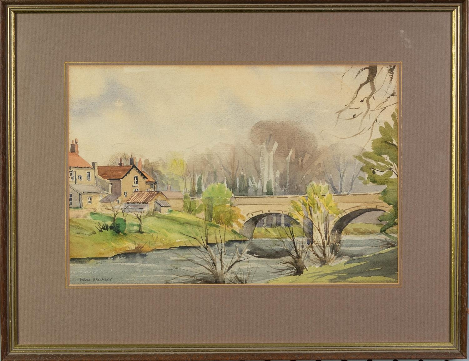 DIANA BROMLEY (TWENTIETH CENTURY) WATERCOLOUR DRAWING Riverscape with stone bridge and houses Signed - Image 2 of 2