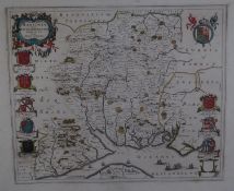 ANTIQUE HAND COLOURED MAP OF HAMPSHIRE (HANTONIA) BY BLAEU, with coats of arms to both sides and a