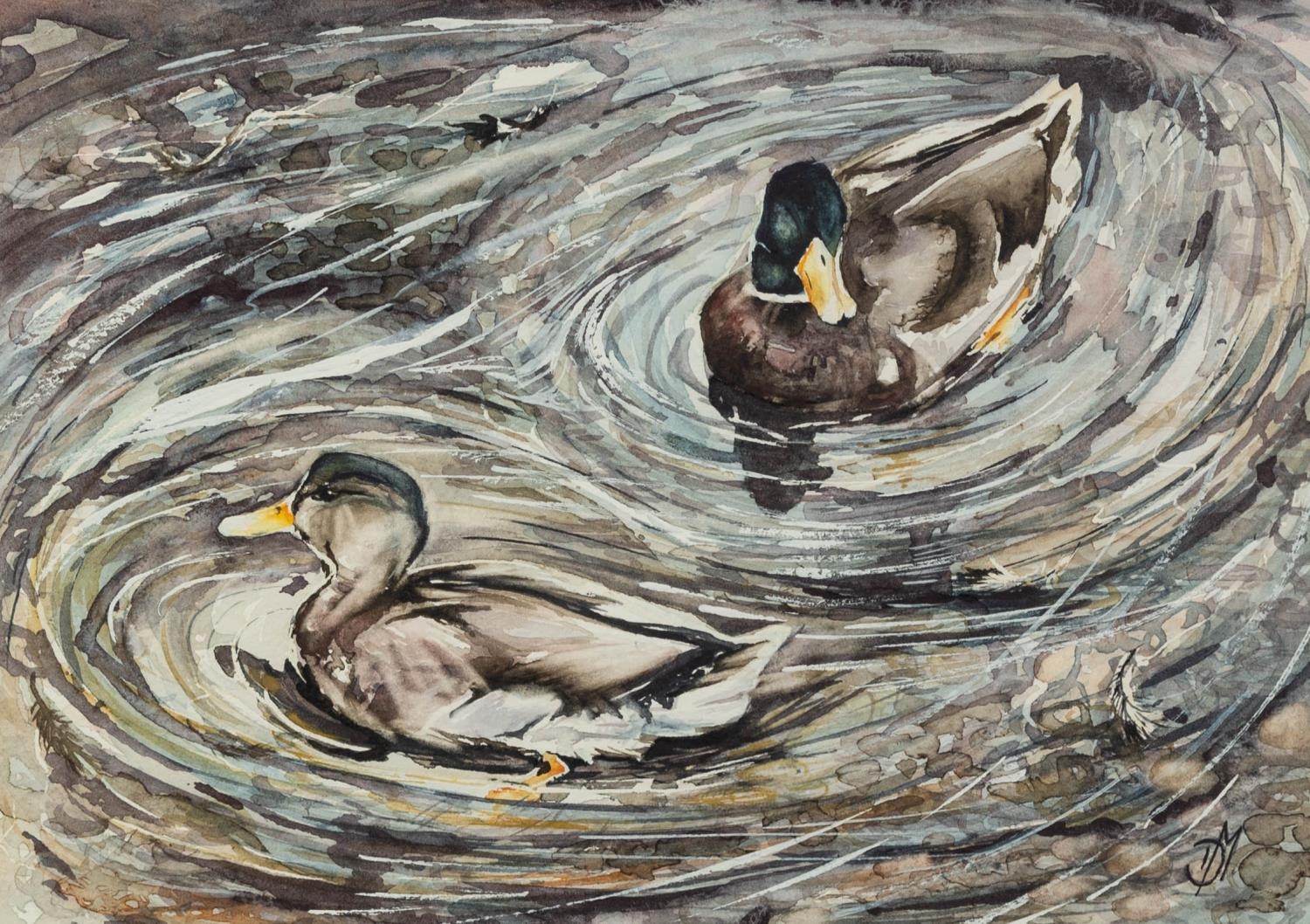 DEB WALKER (TWENTIETH/ TWENTY FIRST CENTURY) WATERCOLOUR DRAWING Ducks Initialled, attributed and