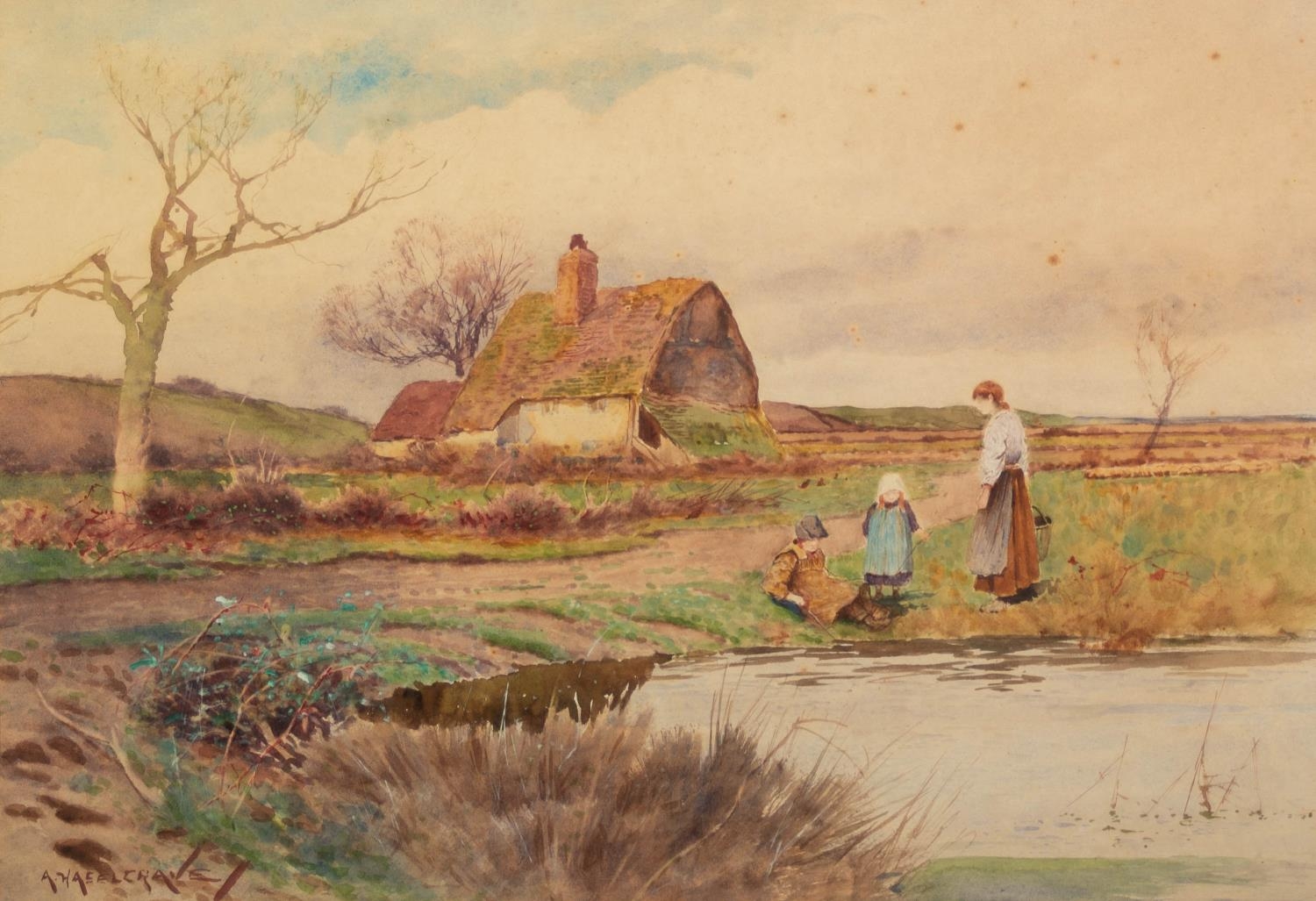 A. HAEELCRAVE (Dutch early 20th Century) WATERCOLOUR DRAWING Landscape with figures Signed lower