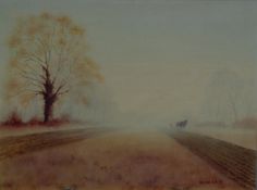 ARTHUR LOCKIE (b.1948) OIL ON BOARD Horse drawn plough emerging from a morning mist Signed 12? x 16?