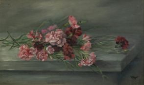W.BOYD (TWENTIETH CENTURY) OIL PAINTING ON CANVAS Still life - carnations on a marble shelf Signed