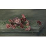 W.BOYD (TWENTIETH CENTURY) OIL PAINTING ON CANVAS Still life - carnations on a marble shelf Signed