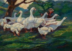 MISS MARY R BARWICK (exh. 1901-02) OIL PAINTING ON CANVAS A gaggle of geese with a figure Signed