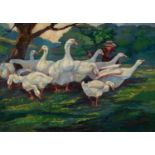 MISS MARY R BARWICK (exh. 1901-02) OIL PAINTING ON CANVAS A gaggle of geese with a figure Signed