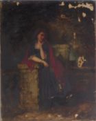 A. COOMANS (NINETEENTH CENTURY) OIL ON CANVAS Female figure and dog at the bottom of steps Signed
