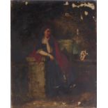 A. COOMANS (NINETEENTH CENTURY) OIL ON CANVAS Female figure and dog at the bottom of steps Signed