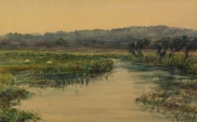 W.W. COLLINS (LATE NINETEENTH/ EARLY TWENTIETH CENTURY) WATERCOLOUR DRAWING Tranquil riverscape with