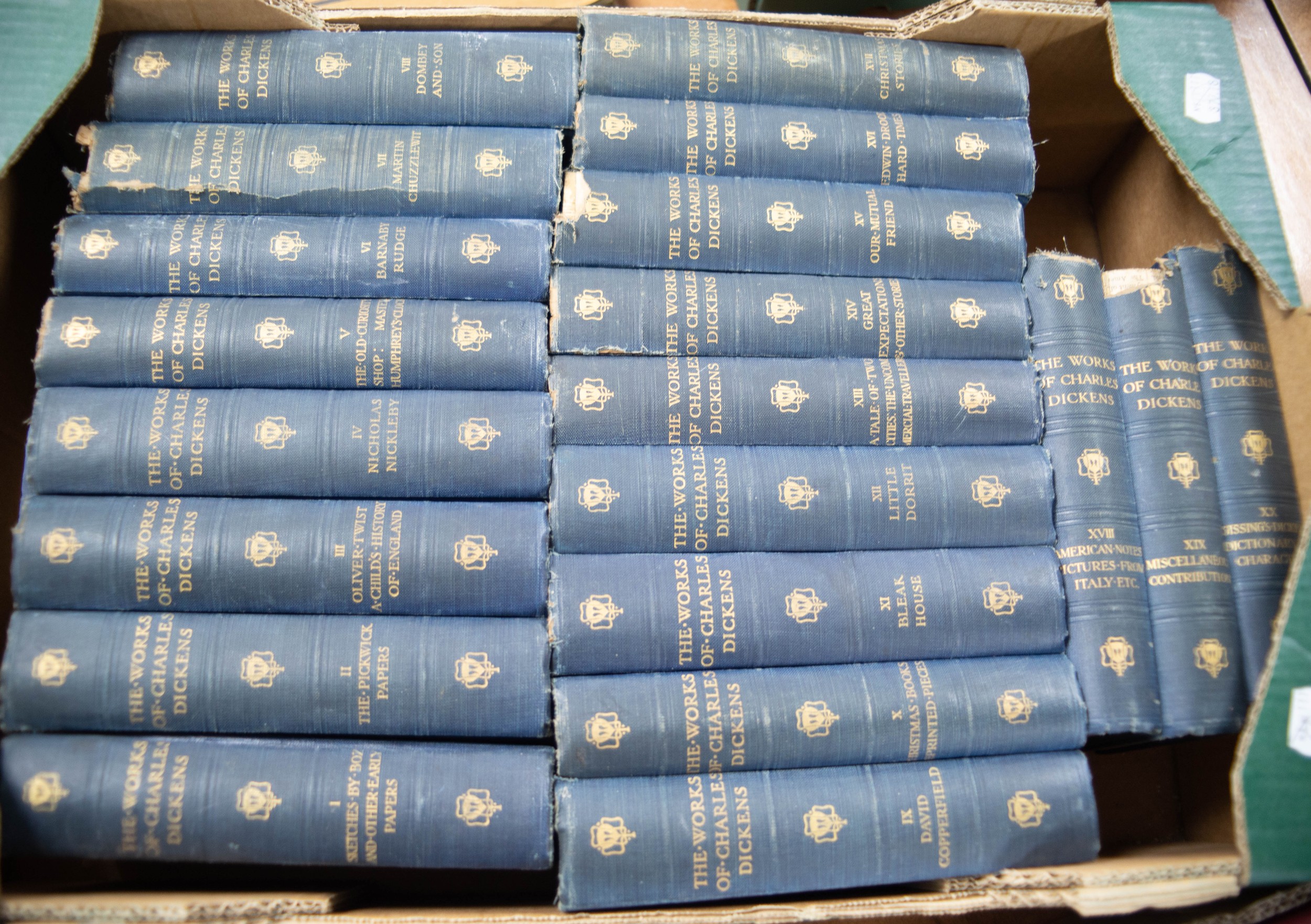 THE WORKS OF CHARLES DICKENS, STANDARD EDITION, PUBLISHED BY GRESHAM, Vols 1-20, blue cloth with