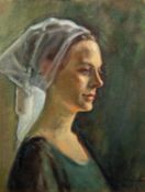 OLIVE BAGSHAW (20th Century) OIL PAINTING ON CANVAS BOARD Girl in a White Scarf Signed and dated