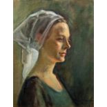 OLIVE BAGSHAW (20th Century) OIL PAINTING ON CANVAS BOARD Girl in a White Scarf Signed and dated