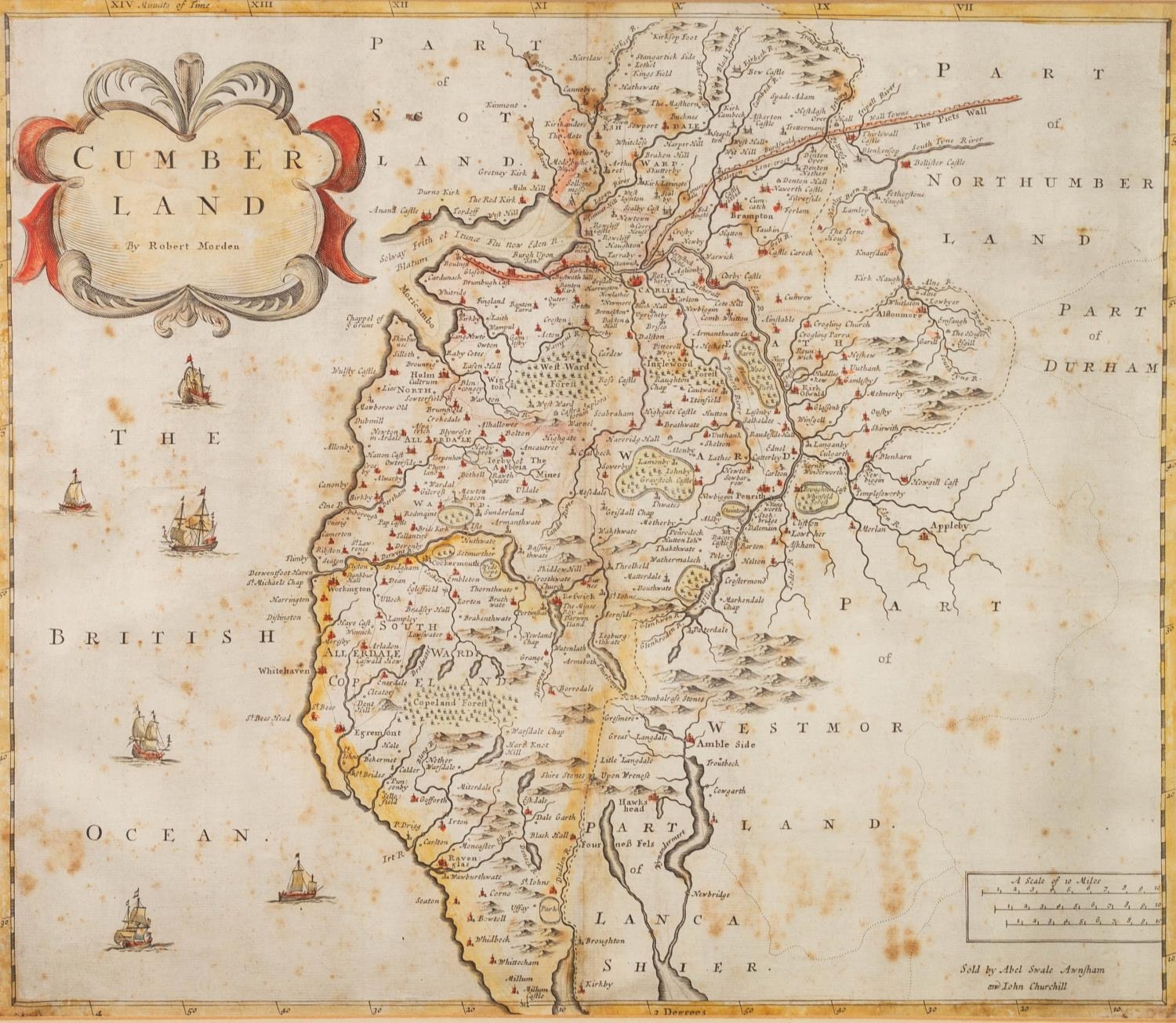 ROBERT MORDEN (late 17th Century) ENGRAVED AND HAND COLOURED MAP OF CUMBERLAND, published by Abel