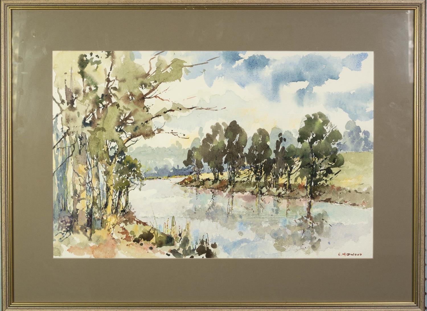 ERNEST MIDWOOD (1917-1993) WATERCOLOUR DRAWING Tree lined riverscape Signed 14 ¼? x 22? (36.2cm x - Image 2 of 2