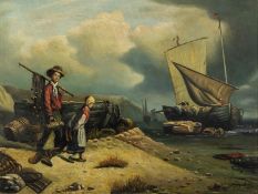 S. KNIGHT (EARLY TWENTIETH CENTURY) OIL PAINTING ON BOARD Coastal scene with fishing boats unloading