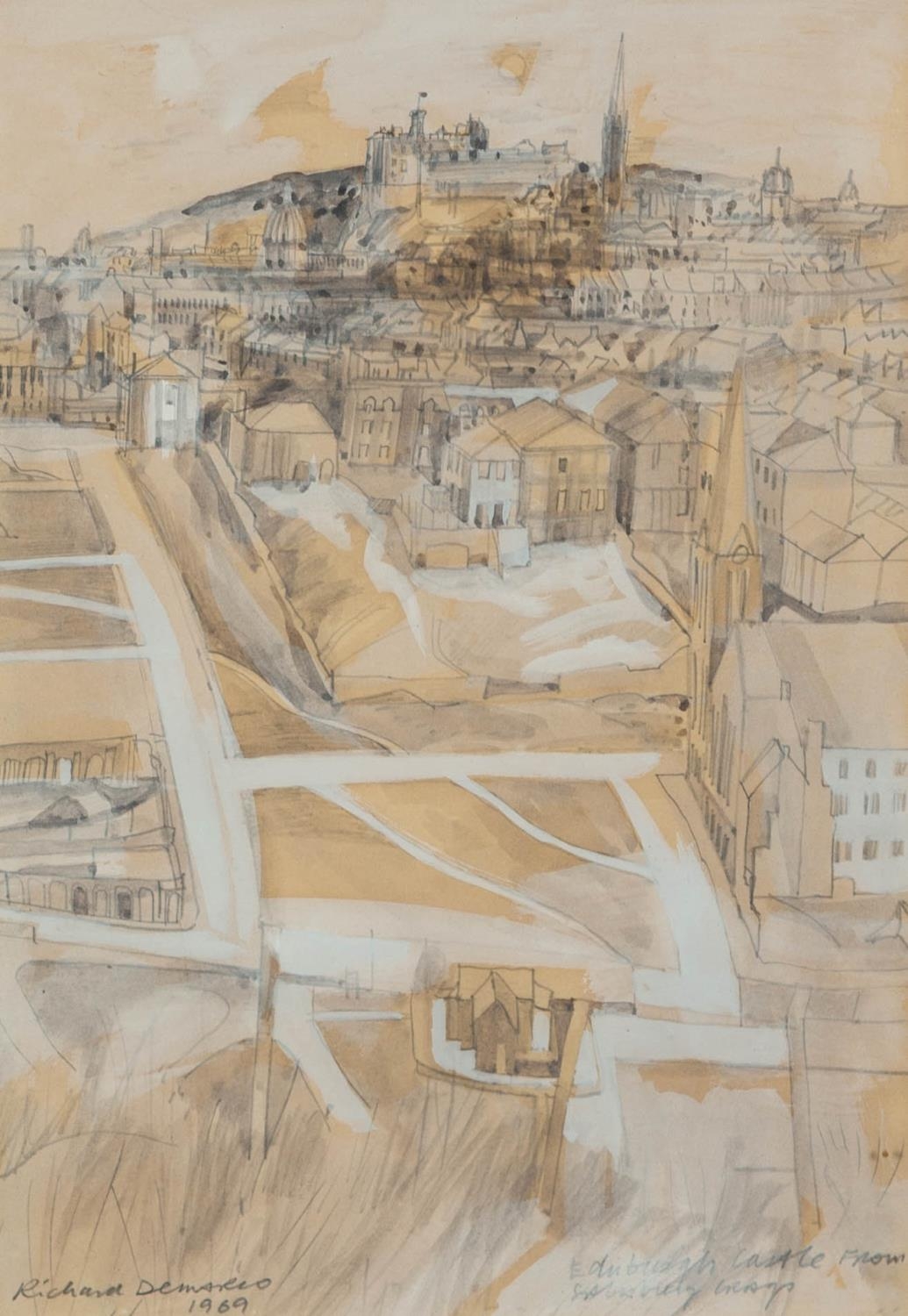 RICHARD DEMARCO (b.1930) PENCIL AND WASH DRAWING ?Edinburgh Castle from Salisbury Crag? Signed and