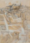 RICHARD DEMARCO (b.1930) PENCIL AND WASH DRAWING ?Edinburgh Castle from Salisbury Crag? Signed and