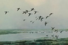 AFTER PETER SCOTT 1969 ARTIST SIGNED REPRODUCTION COLOUR PRINT Wildfowl flying in to wetlands