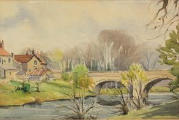 DIANA BROMLEY (TWENTIETH CENTURY) WATERCOLOUR DRAWING Riverscape with stone bridge and houses Signed