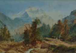 UNATTRIBUTED (EARLY TWENTIETH CENTURY) WATERCOLOUR DRAWING Alpine landscape with woodsman and a goat