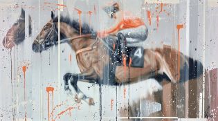 KRIS HARDY (b.1978) MIXED MEDIA ON CANVAS ?Race Horse? Signed, titled to gallery label verso 20? x