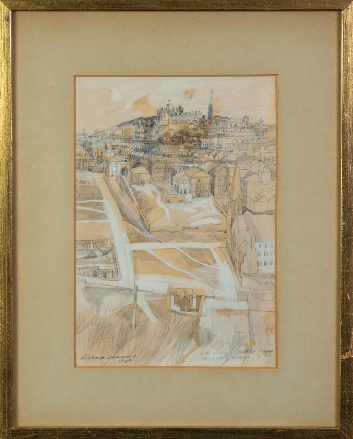 RICHARD DEMARCO (b.1930) PENCIL AND WASH DRAWING ?Edinburgh Castle from Salisbury Crag? Signed and - Image 2 of 2