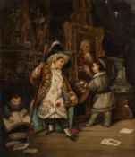 UNATTRIBUTED PAIR OF MODERN PASTICHE OIL PAINTINGS ON CANVAS Children at play in interior settings