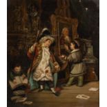 UNATTRIBUTED PAIR OF MODERN PASTICHE OIL PAINTINGS ON CANVAS Children at play in interior settings