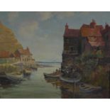 F. MABBOTT (TWENTIETH CENTURY) OIL ON CANVAS Harbour scene with moored boats Signed 15? x 19? (38.