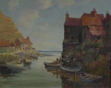 F. MABBOTT (TWENTIETH CENTURY) OIL ON CANVAS Harbour scene with moored boats Signed 15? x 19? (38.