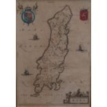 ANTIQUE MAP OF THE ISLE OF MAN BY BLAEU, with HAND COLOURED DETAIL 15? x 10 ½? (38cm x 26.7cm),