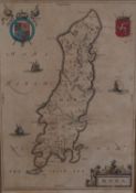 ANTIQUE MAP OF THE ISLE OF MAN BY BLAEU, with HAND COLOURED DETAIL 15? x 10 ½? (38cm x 26.7cm),