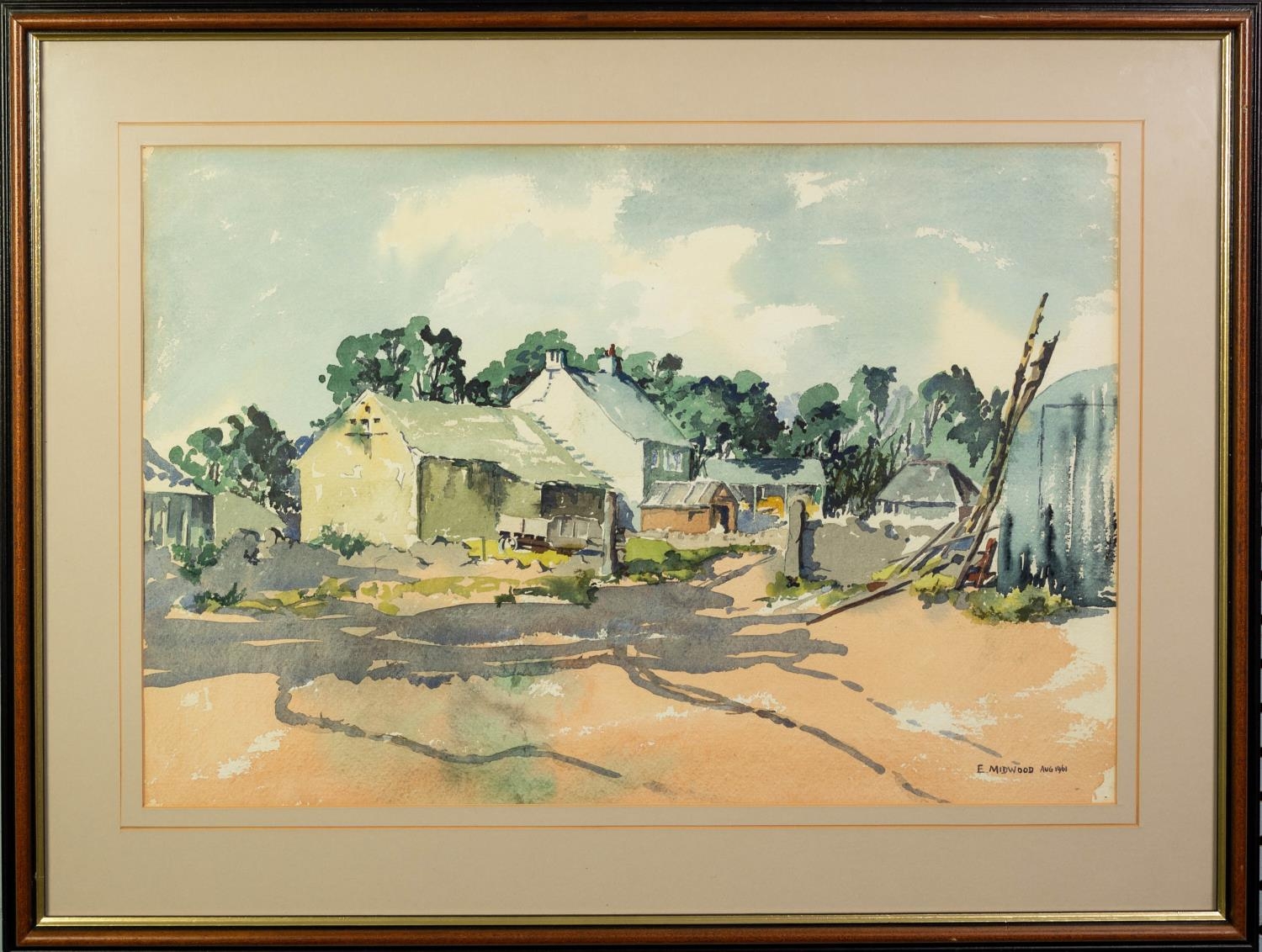 E. MIDWOOD (1917-1993) WATERCOLOUR DRAWING Farmyard with buildings Signed and dated ?Aug 1961? 14 ¾? - Image 2 of 2