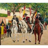 INITIALLED HR (TWENTIETH CENTURY) TWO OIL PAINTINGS ON BOARD Three Spanish Rejoneadors riding