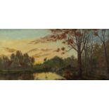 R.R. TIMES (?) (EARLY TWENTIETH CENTURY) OIL PAINTING ON CANVAS Tranquil riverscape with buildings