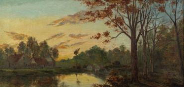 R.R. TIMES (?) (EARLY TWENTIETH CENTURY) OIL PAINTING ON CANVAS Tranquil riverscape with buildings