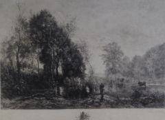 AFTER CAMILLE COROT ETCHING Riverscape with cattle, shepherd in the foreground Indistinctly signed